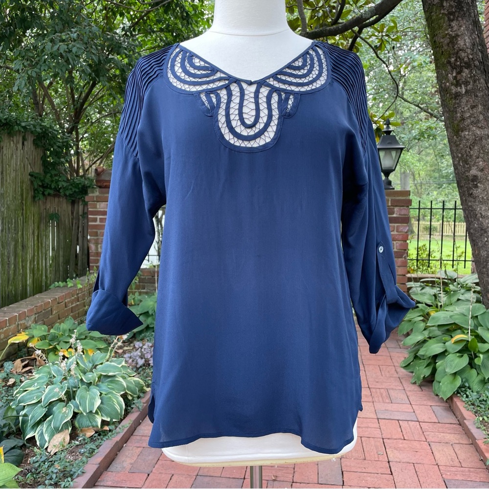 Anthropology navy blue silk blouse, size M, 3/4 length sleeves, cut out neckline